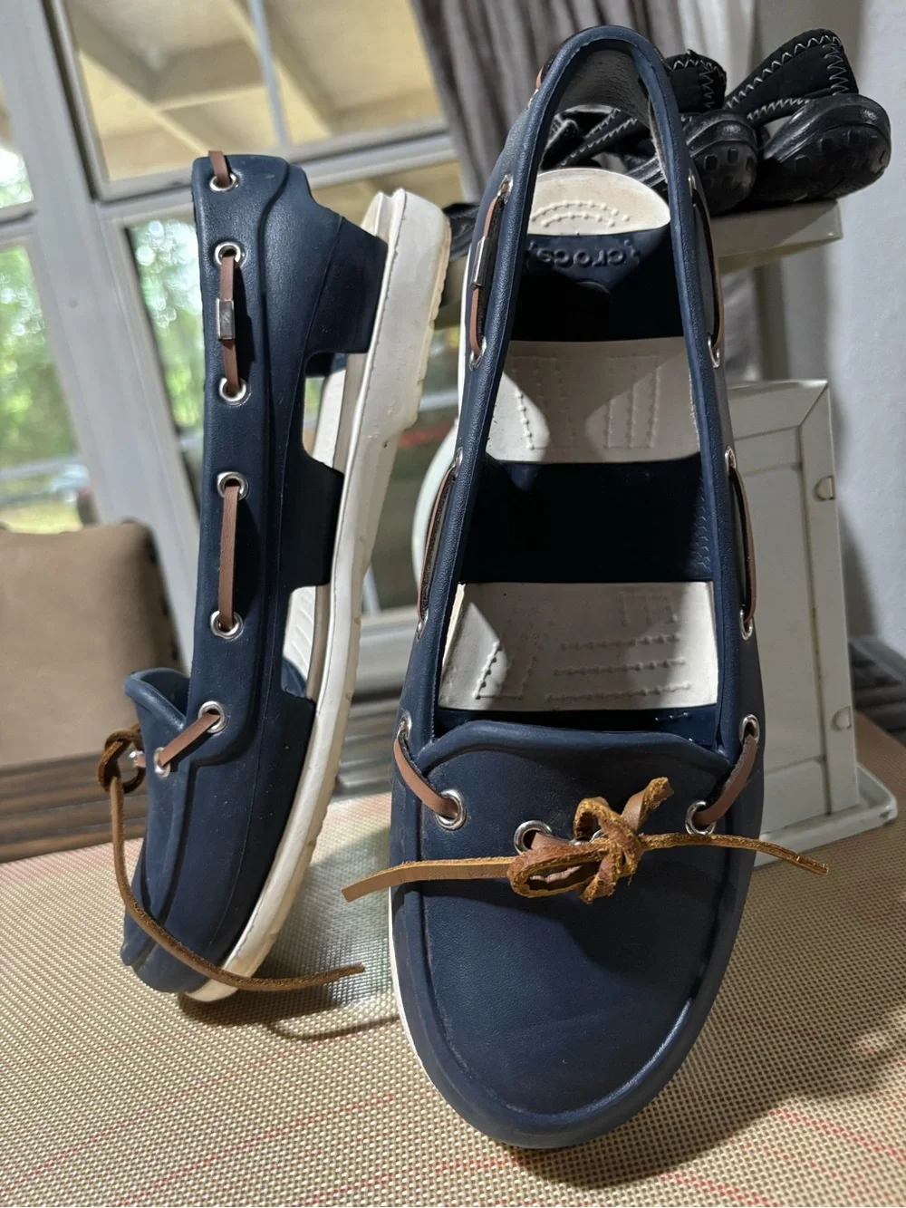 CROCS Navy Blue and Brown Bow-Trim Women's Sandal Flats